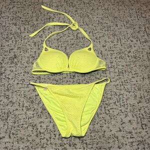 Victorias Secret Neon Yellow Mesh The Gorgeous Push Up Bikini Top & Bottoms Set